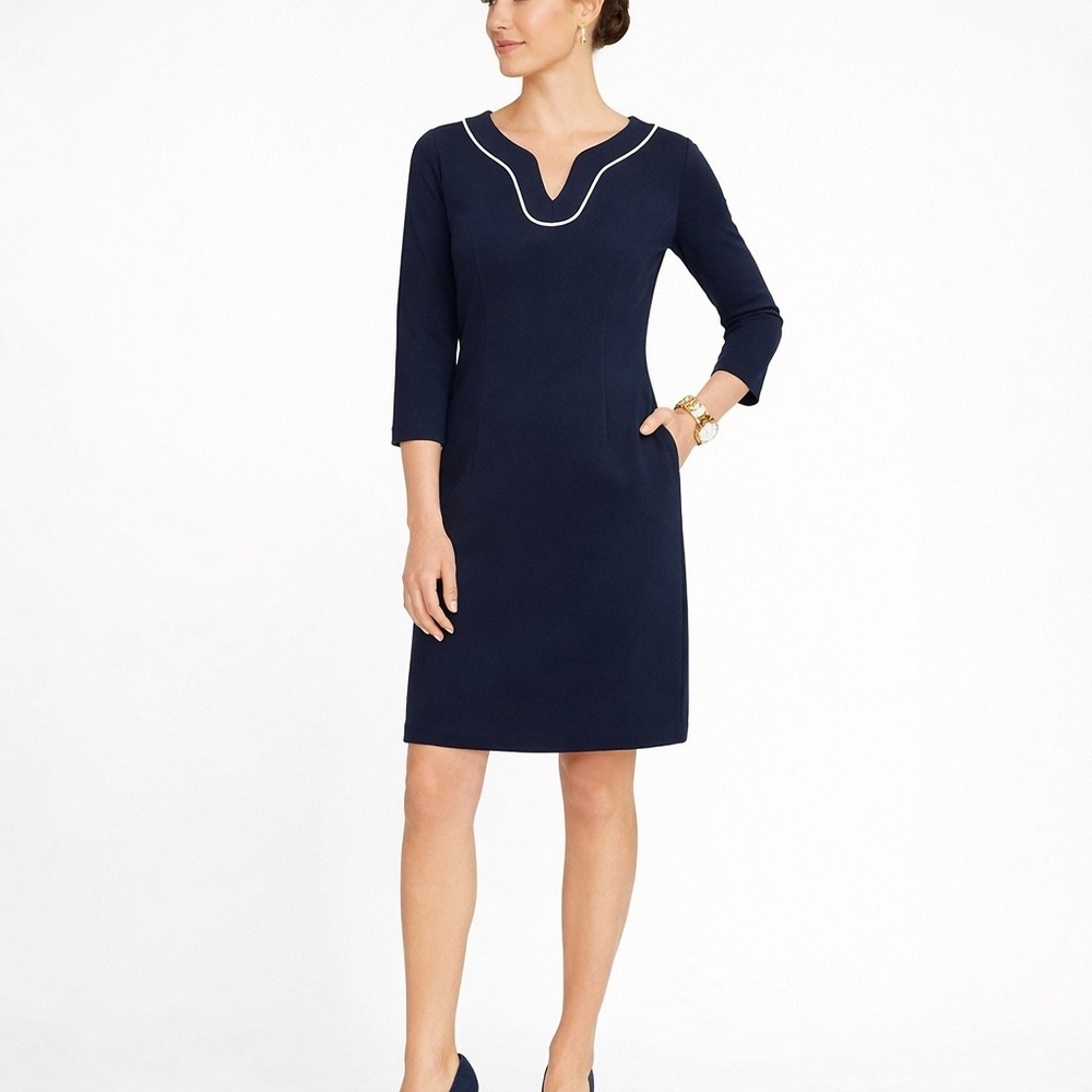 Talbots Classic Navy Notch Neck Dress (SM) 100% Cotton Preppy 3/4 Sleeve Coastal